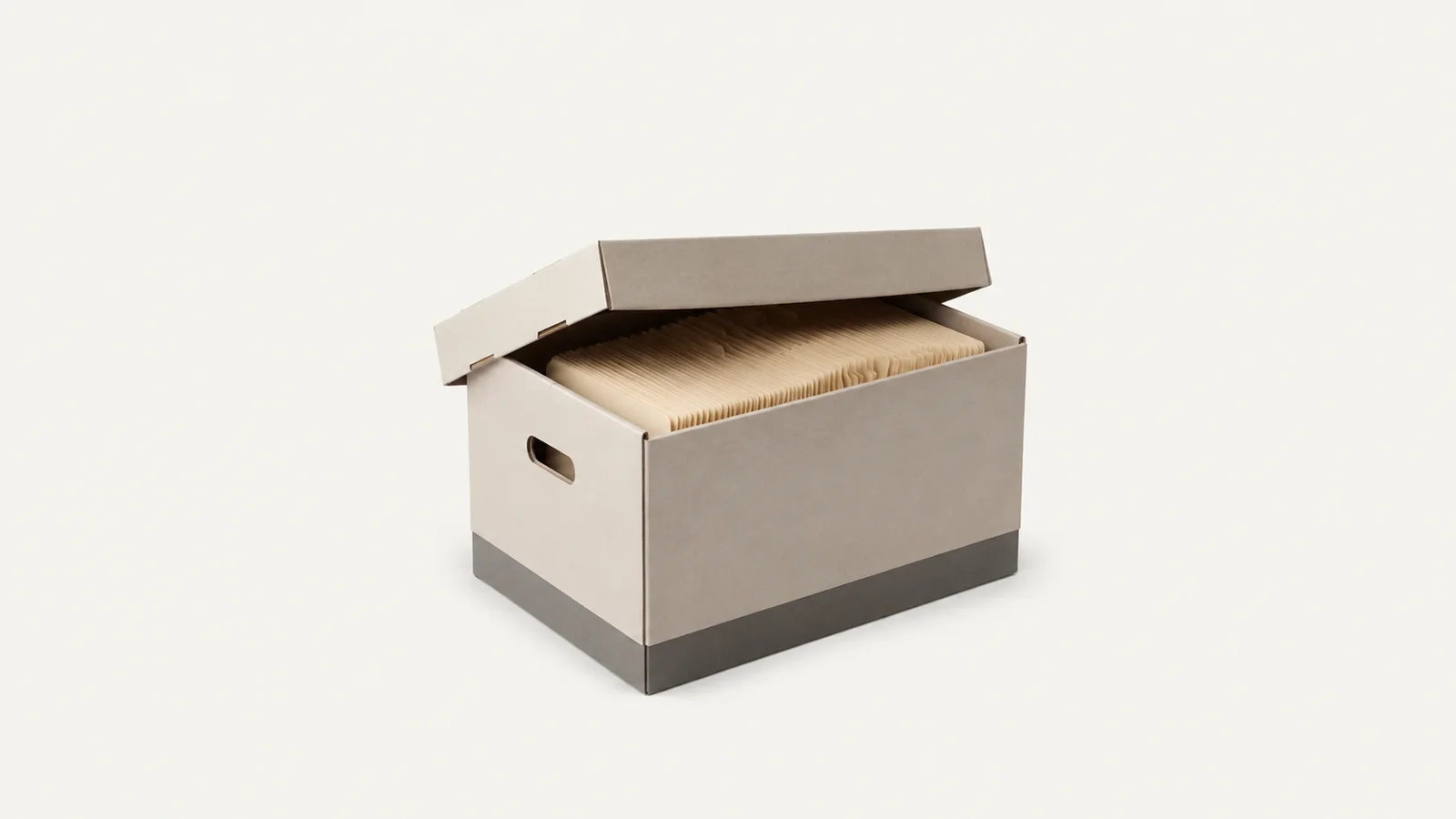 Isolated an archive box of unlabelled document folders with the lid ajar centred on a seamless pale off-white studio background, generous empty margin on every side for overlaid branding