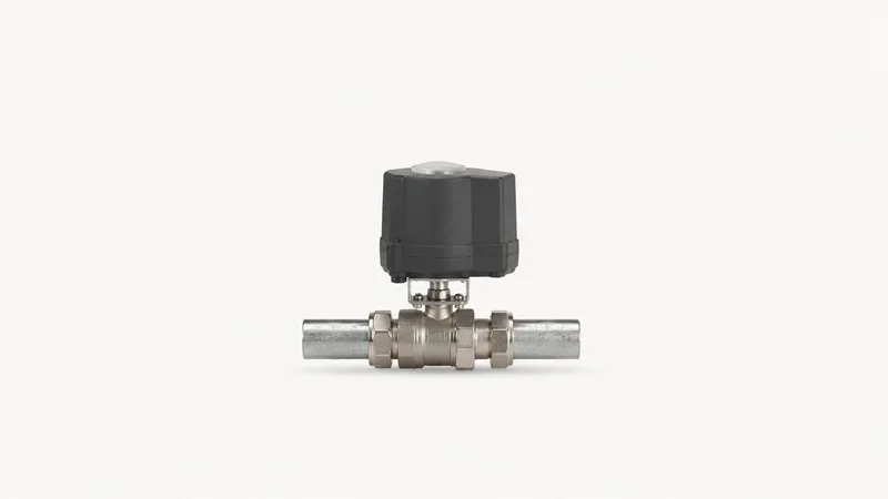 Isolated a home water-shutoff smart valve with a motorised body on a pipe section centred on a seamless pale off-white studio background, generous empty margin on every side for overlaid branding