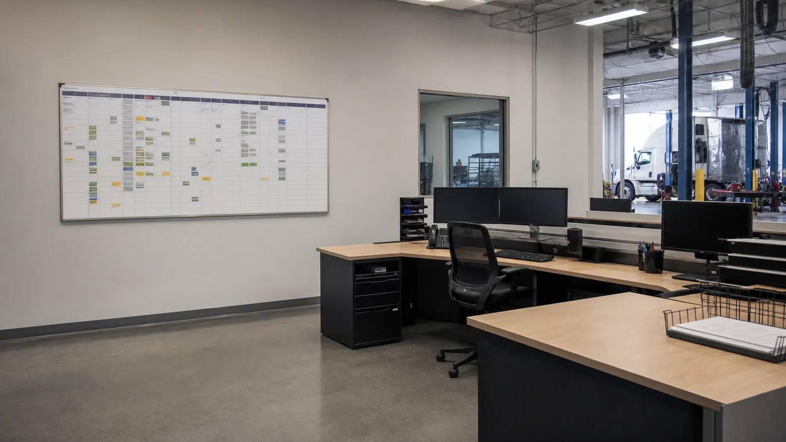 Wide interior view of a maintenance office with a vehicle-status board on the wall with no people, soft even indoor light, clean uncluttered foreground for text