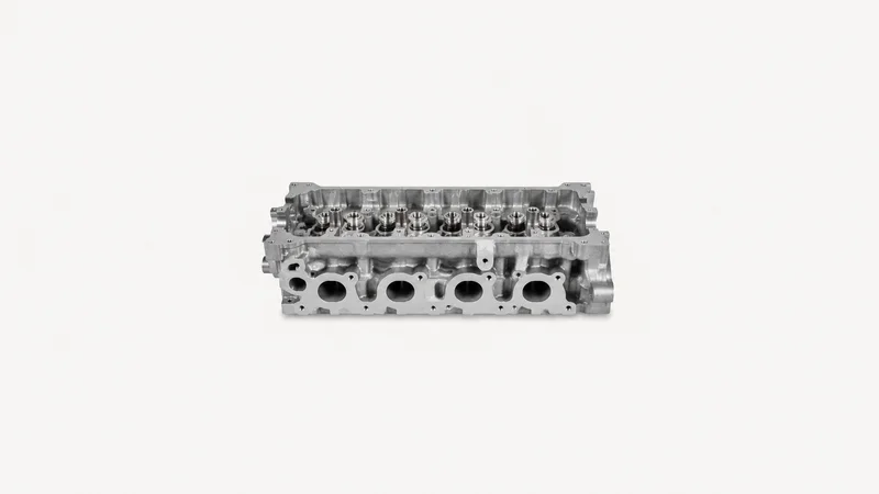 Isolated a bare car cylinder-head casting with valve seats centred on a seamless pale off-white studio background, generous empty margin on every side for overlaid branding