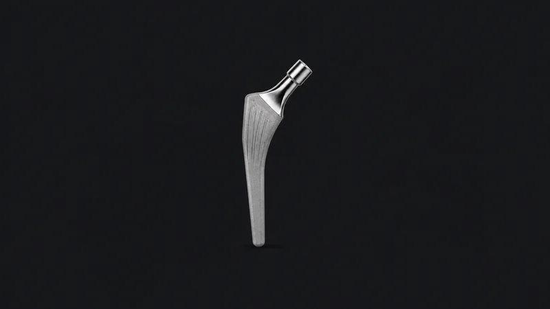 Isolated a titanium hip-stem implant with a polished neck centred on a seamless deep charcoal near-black studio background, generous empty margin on every side for overlaid branding