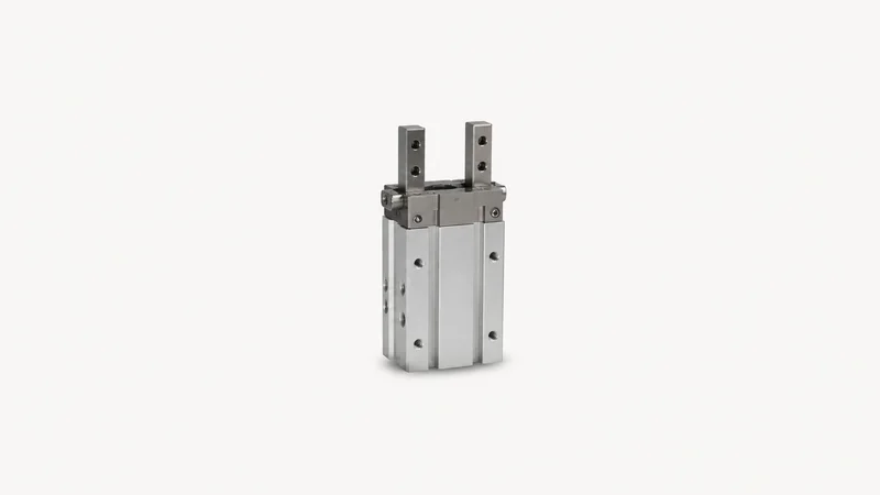 Isolated a pneumatic parallel gripper with two steel fingers centred on a seamless pale off-white studio background, generous empty margin on every side for overlaid branding