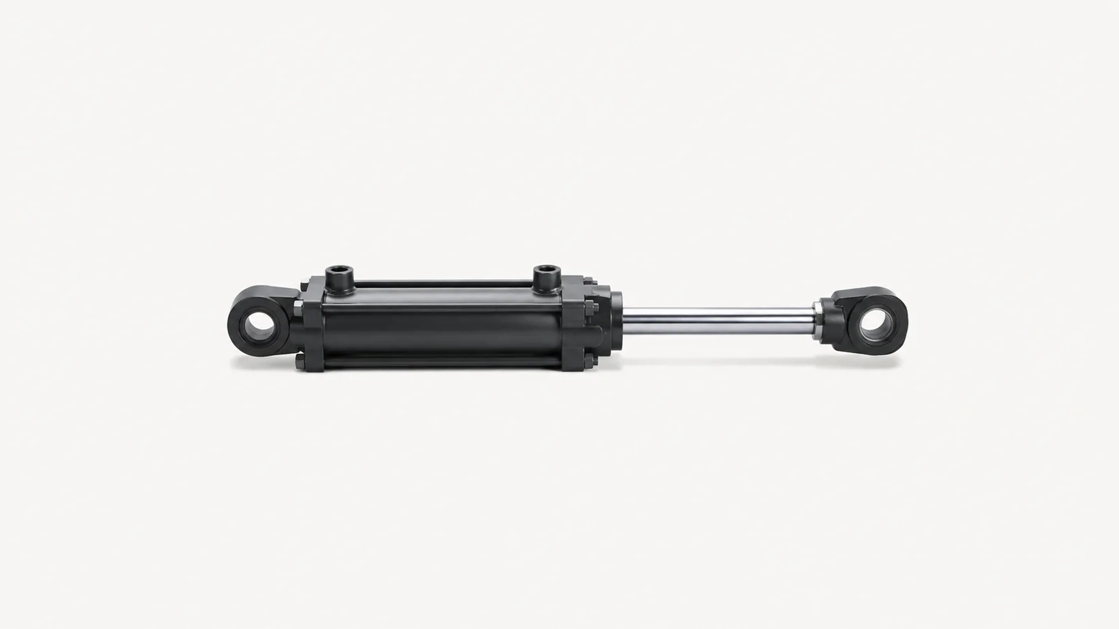 Isolated a hydraulic cylinder with a chrome rod extended centred on a seamless pale off-white studio background, generous empty margin on every side for overlaid branding