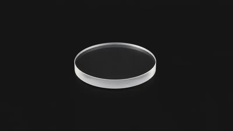Isolated an uncoated glass lens blank with a ground edge centred on a seamless deep charcoal near-black studio background, generous empty margin on every side for overlaid branding