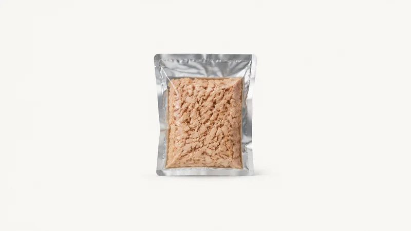 Isolated a heat-sealed foil pouch of processed food centred on a seamless pale off-white studio background, generous empty margin on every side for overlaid branding
