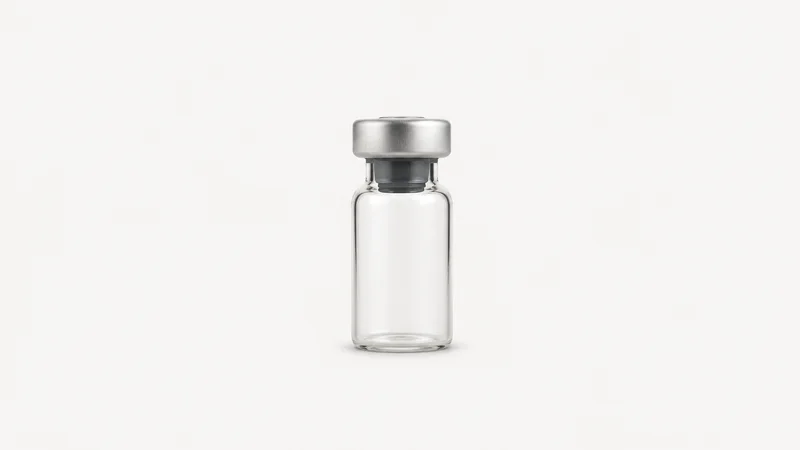 Isolated a stoppered glass vial with a crimped aluminium cap centred on a seamless pale off-white studio background, generous empty margin on every side for overlaid branding