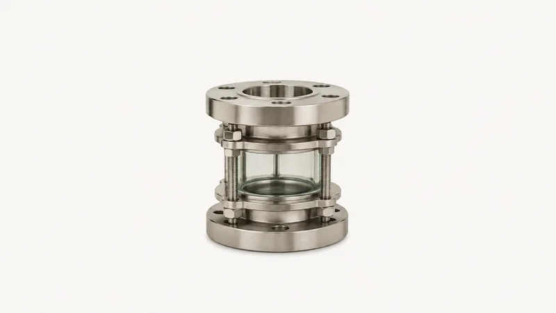 Isolated a stainless reactor sight glass in a flanged housing centred on a seamless pale off-white studio background, generous empty margin on every side for overlaid branding