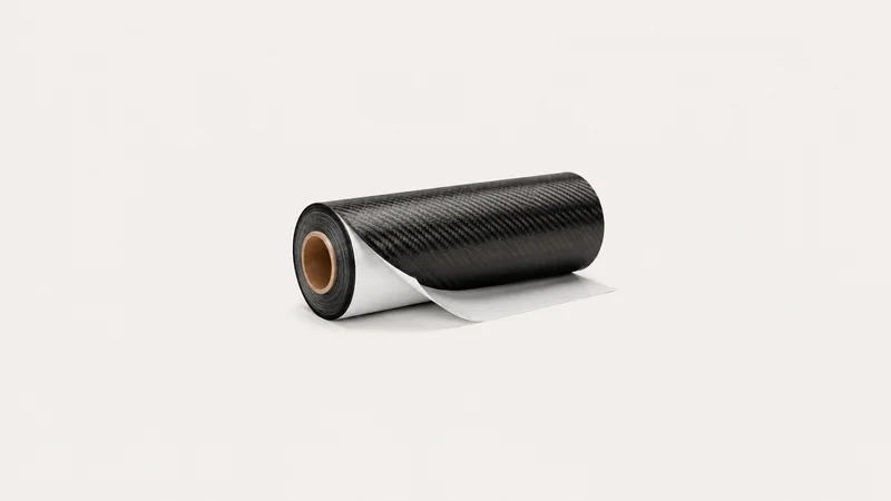 Isolated a roll of prepreg carbon cloth with backing paper centred on a seamless pale off-white studio background, generous empty margin on every side for overlaid branding