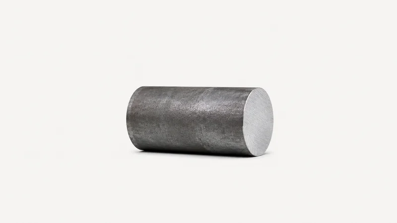 Isolated a steel billet with a cut end showing bright metal centred on a seamless pale off-white studio background, generous empty margin on every side for overlaid branding