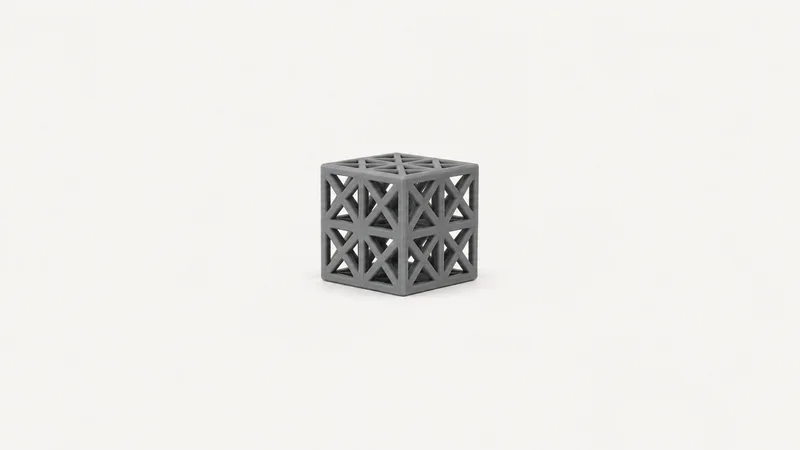 Isolated an fdm-printed lattice cube with visible layer lines in matte grey centred on a seamless pale off-white studio background, generous empty margin on every side for overlaid branding