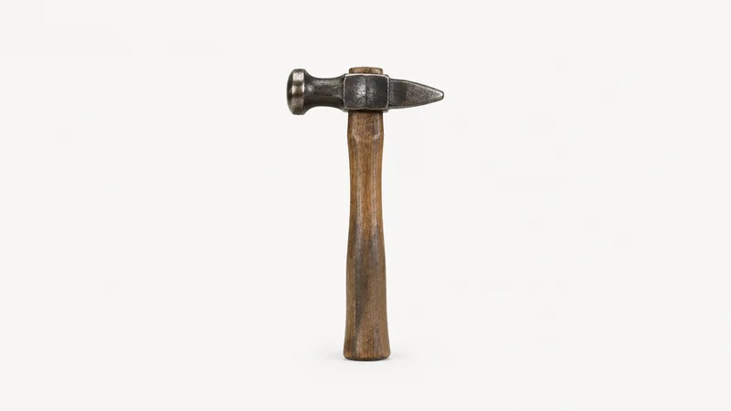 Isolated a wooden-handled cross-peen forging hammer with a mushroomed face centred on a seamless pale off-white studio background, generous empty margin on every side for overlaid branding