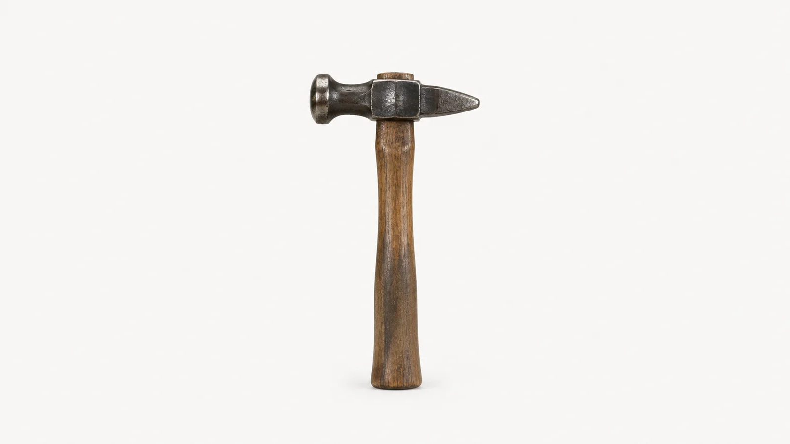 Isolated a wooden-handled cross-peen forging hammer with a mushroomed face centred on a seamless pale off-white studio background, generous empty margin on every side for overlaid branding