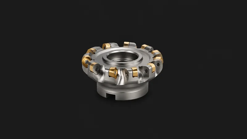 Isolated a carbide-insert face-milling cutter with a dozen gold-coated inserts centred on a seamless deep charcoal near-black studio background, generous empty margin on every side for overlaid branding