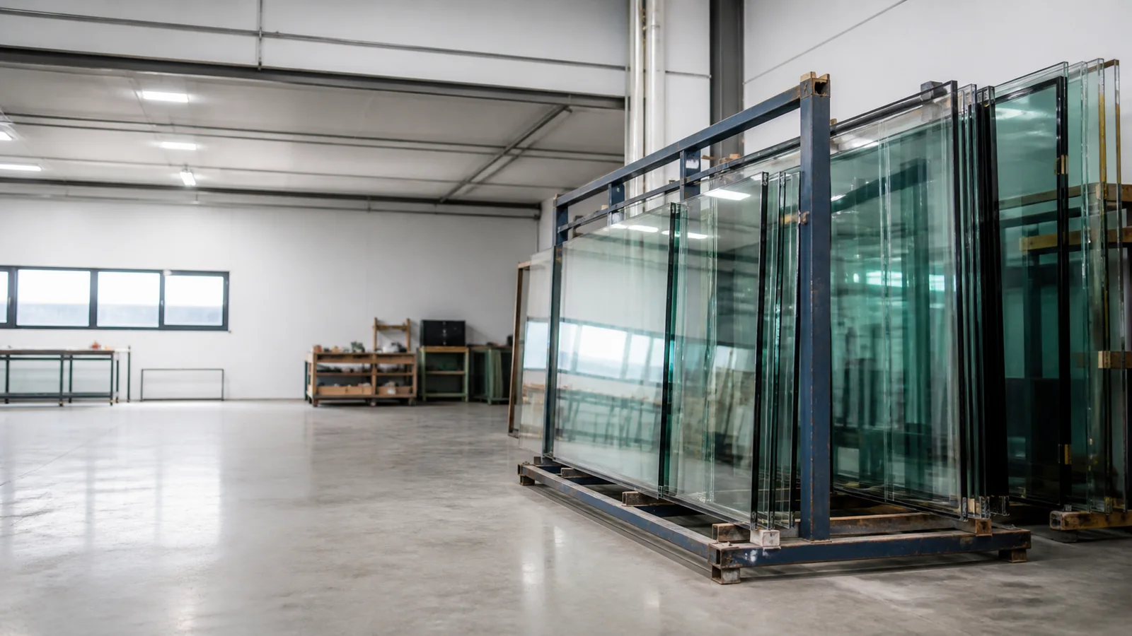 Wide interior view of a workshop with glass panes on a rack with no people, soft even indoor light, clean uncluttered foreground for text