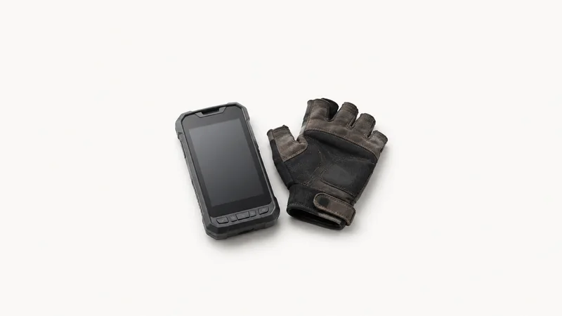 Isolated a delivery driver's fingerless glove beside a rugged handheld terminal centred on a seamless pale off-white studio background, generous empty margin on every side for overlaid branding
