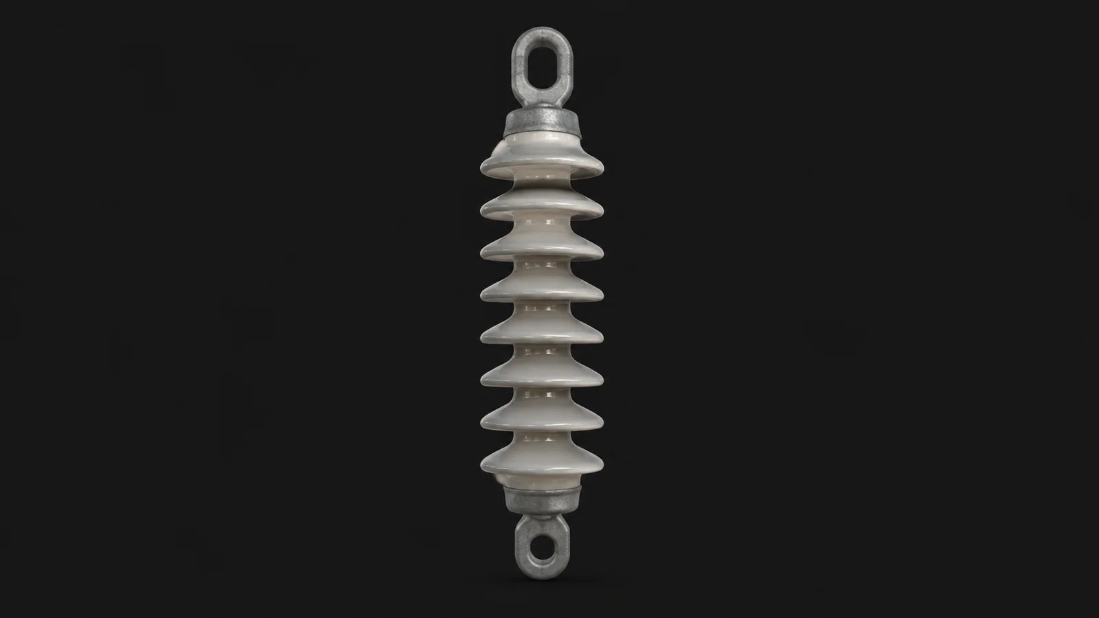 Isolated a ceramic high-voltage insulator string of stacked bell sheds centred on a seamless deep charcoal near-black studio background, generous empty margin on every side for overlaid branding