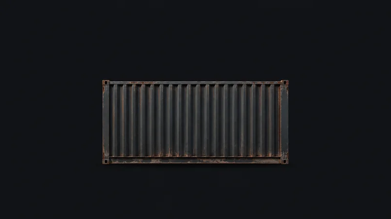 Isolated a corrugated container side-panel section with weathered rust streaks centred on a seamless deep charcoal near-black studio background, generous empty margin on every side for overlaid branding