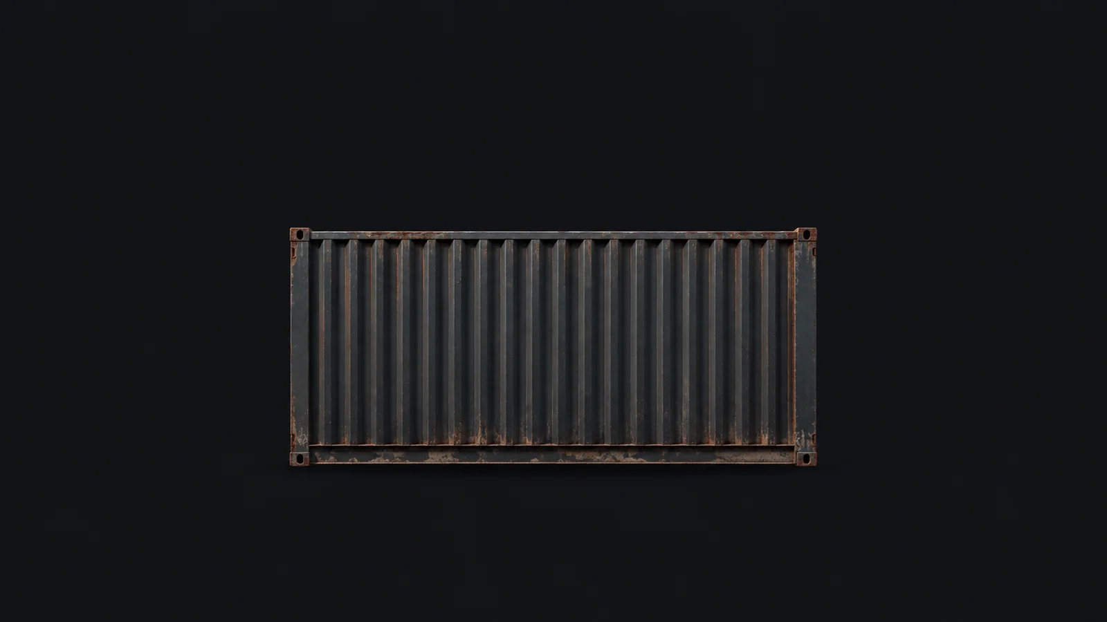 Isolated a corrugated container side-panel section with weathered rust streaks centred on a seamless deep charcoal near-black studio background, generous empty margin on every side for overlaid branding