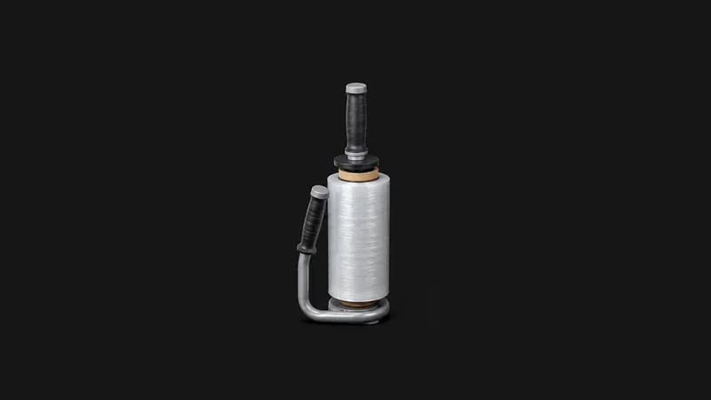 Isolated a hand-held shrink-wrap dispenser with a half-used roll of stretch film centred on a seamless deep charcoal near-black studio background, generous empty margin on every side for overlaid branding