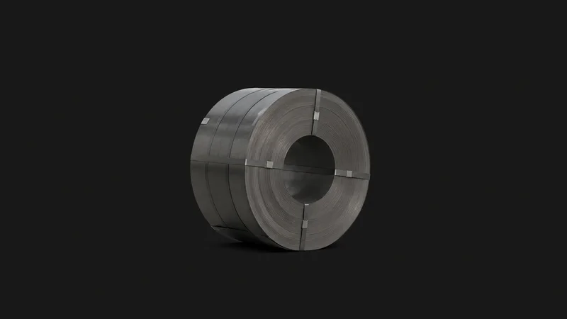 Isolated a tightly wound coil of cold-rolled steel sheet banded with steel strapping centred on a seamless deep charcoal near-black studio background, generous empty margin on every side for overlaid branding