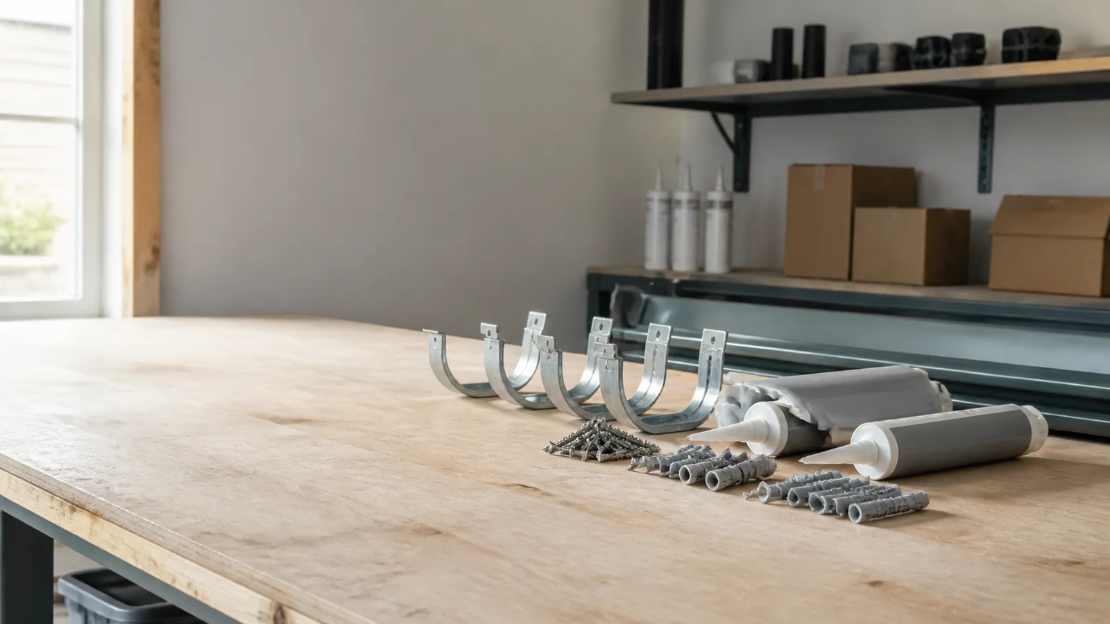 Wide interior view of a workshop bench with gutter brackets and sealant with no people, soft even indoor light, clean uncluttered foreground for text