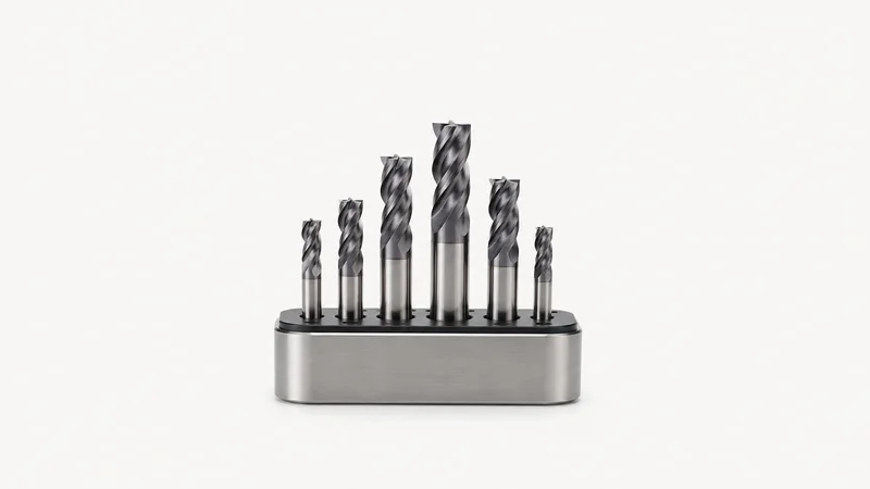 Isolated a set of carbide end mills in a stand centred on a seamless pale off-white studio background, generous empty margin on every side for overlaid branding