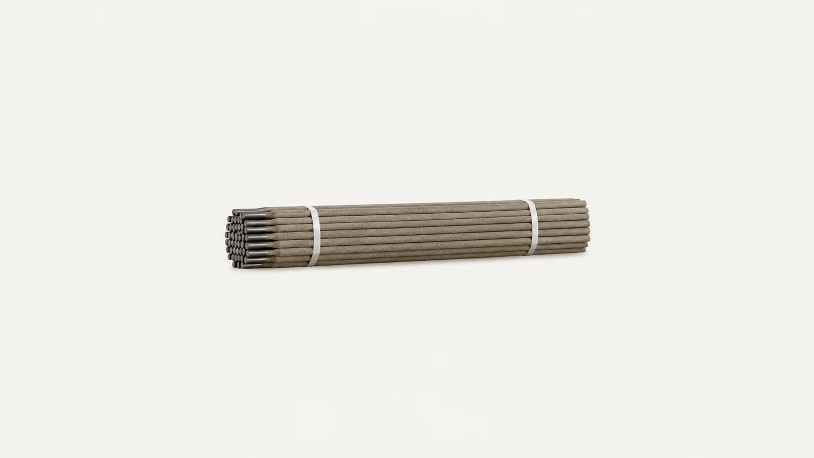 Isolated a bundle of coated stick-welding rods centred on a seamless pale off-white studio background, generous empty margin on every side for overlaid branding