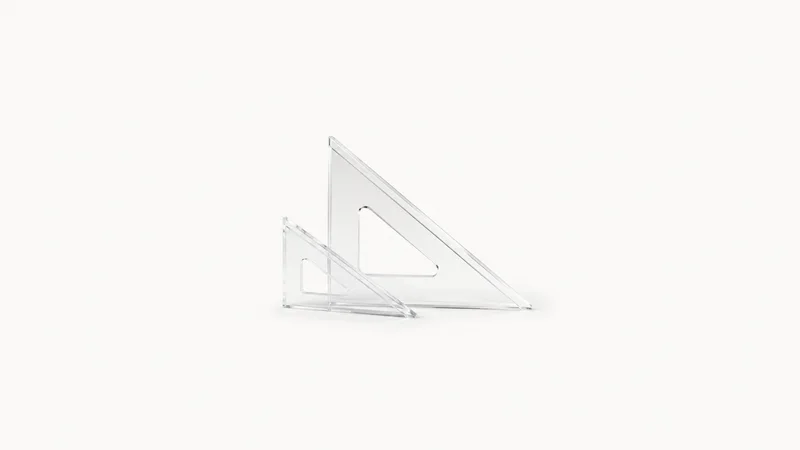 Isolated a set of drafting triangles in clear acrylic centred on a seamless pale off-white studio background, generous empty margin on every side for overlaid branding