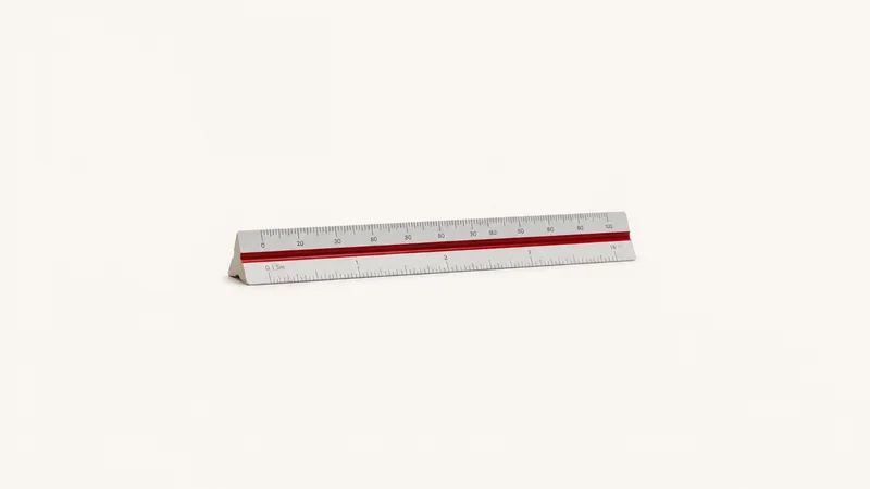 Isolated a triangular engineer's scale rule with graduated faces centred on a seamless pale off-white studio background, generous empty margin on every side for overlaid branding