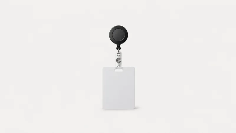 Isolated a lanyard reel with a blank identity card centred on a seamless pale off-white studio background, generous empty margin on every side for overlaid branding