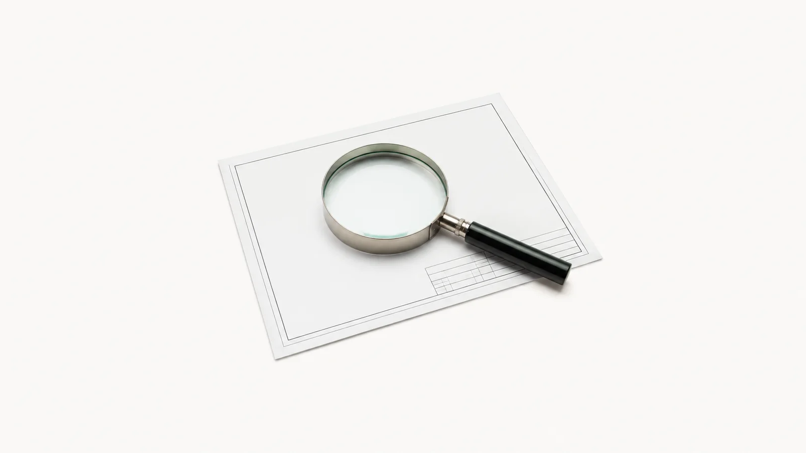 Isolated a magnifying glass over a blank technical drawing centred on a seamless pale off-white studio background, generous empty margin on every side for overlaid branding