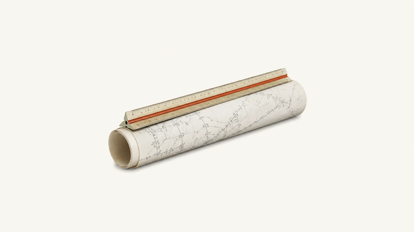 Isolated a triangular boundary scale rule laid on a rolled cadastral drawing centred on a seamless pale off-white studio background, generous empty margin on every side for overlaid branding