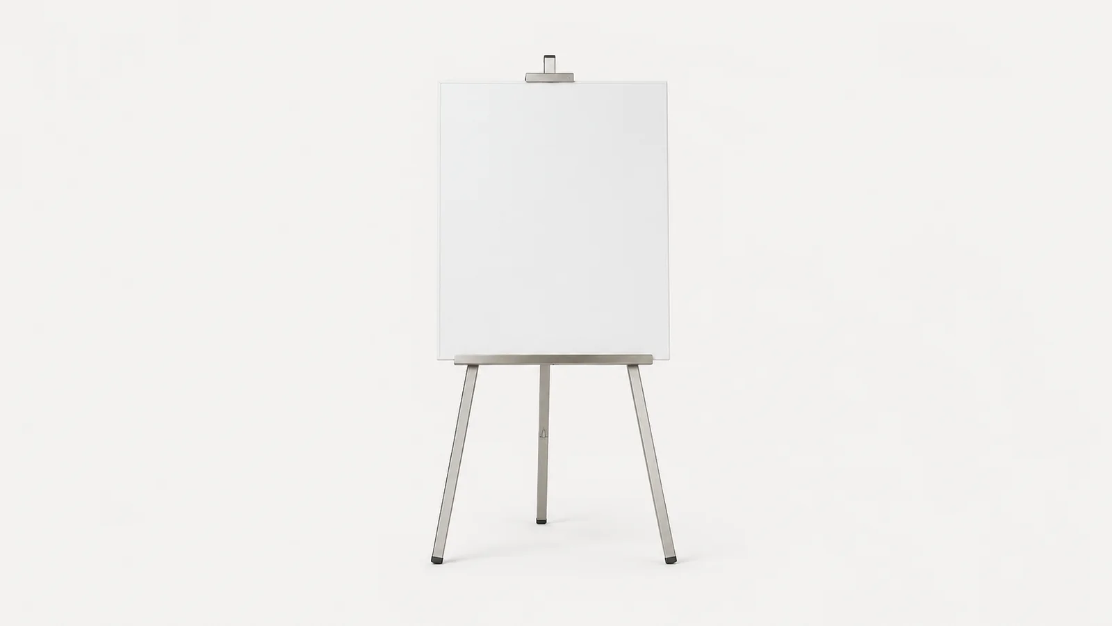 Isolated a metal easel holding a blank foam-core presentation board centred on a seamless pale off-white studio background, generous empty margin on every side for overlaid branding