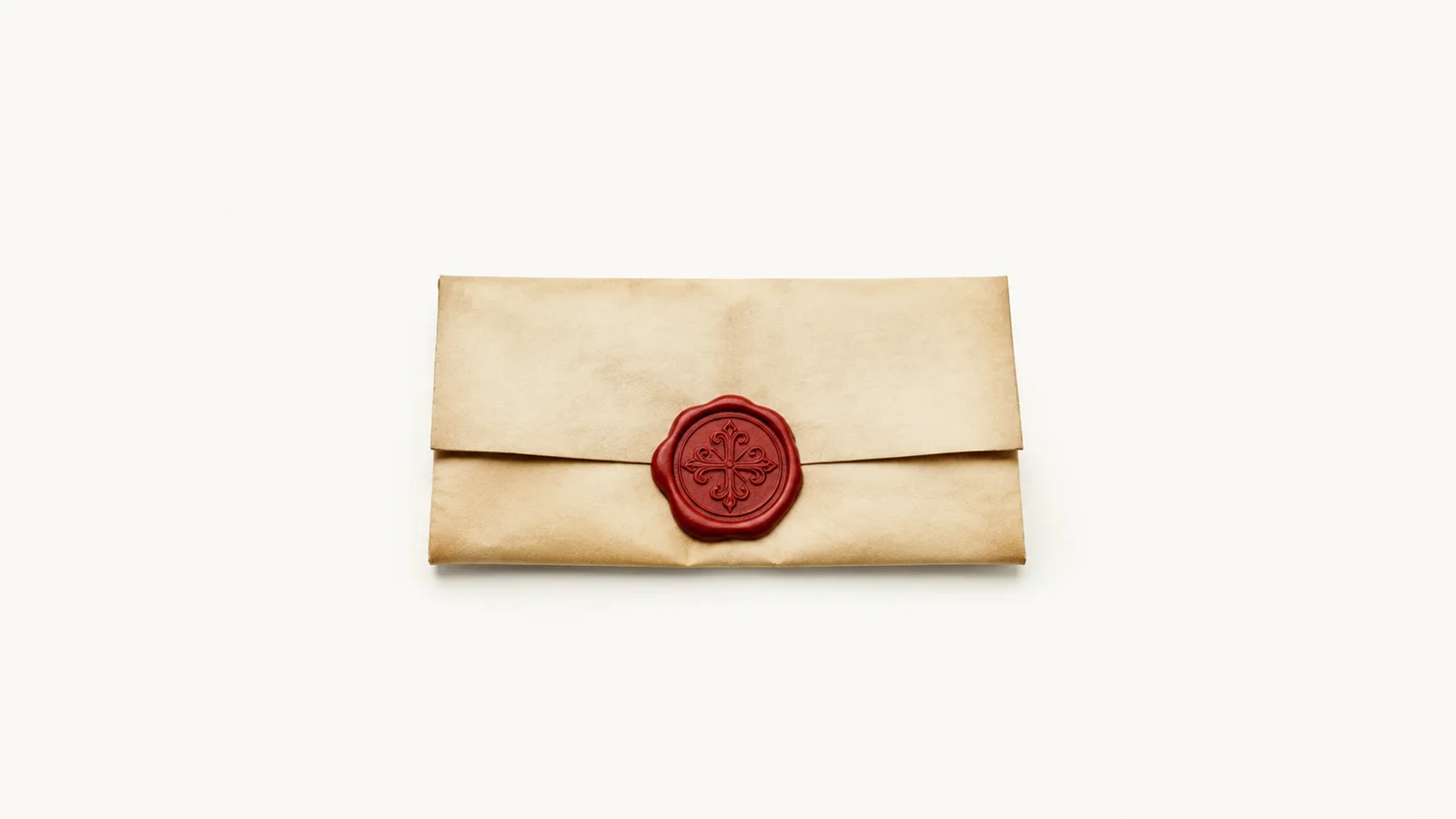 Isolated a red wax seal pressed onto a folded parchment centred on a seamless pale off-white studio background, generous empty margin on every side for overlaid branding