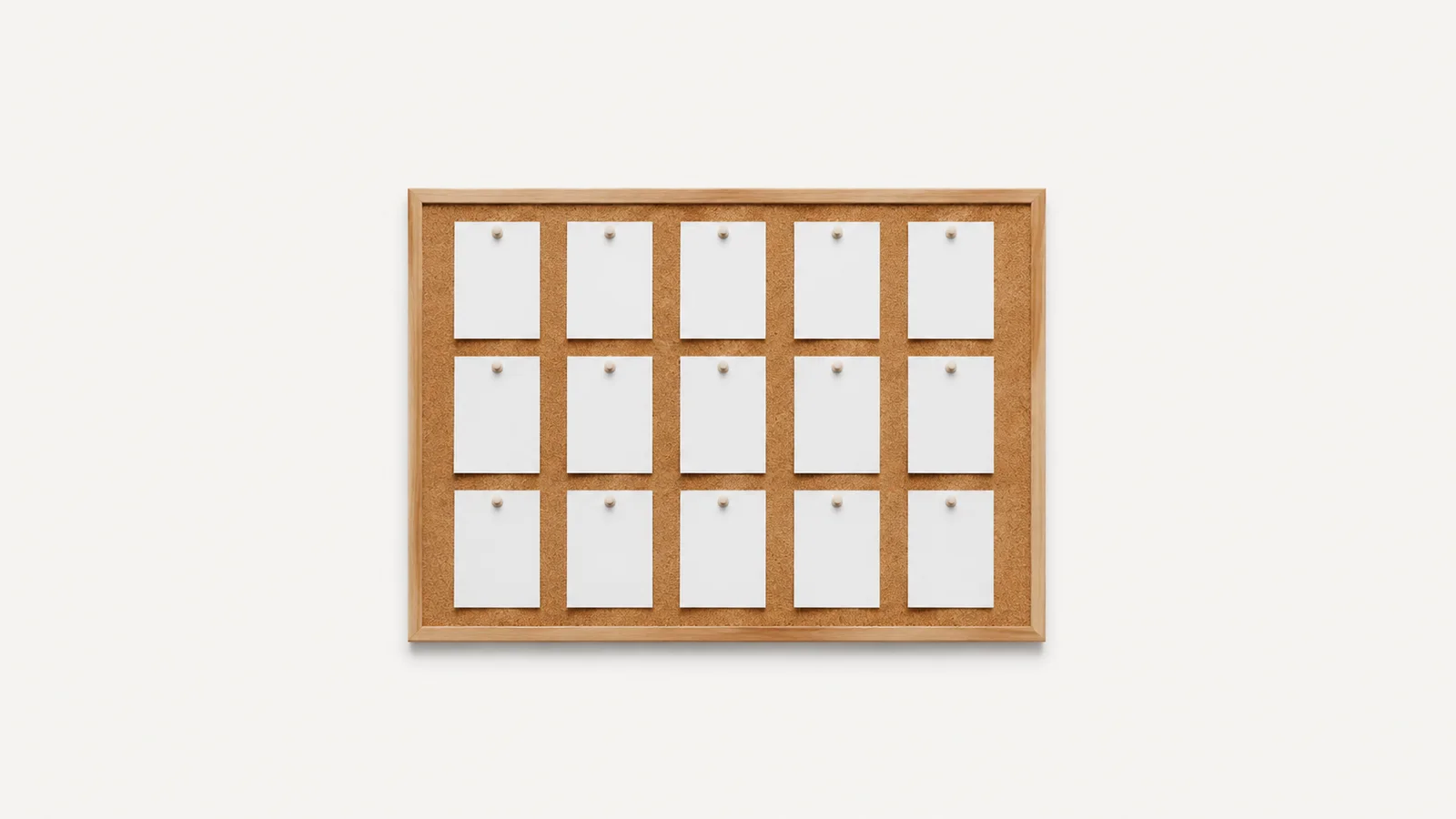Isolated a cork board pinned with blank profile cards in a grid centred on a seamless pale off-white studio background, generous empty margin on every side for overlaid branding