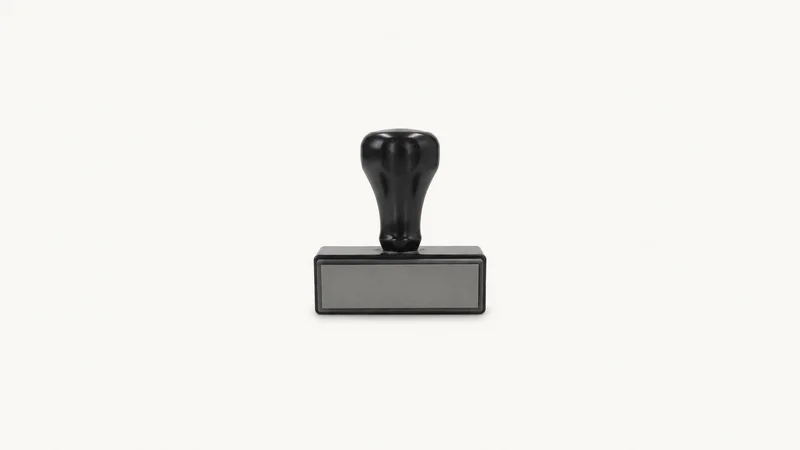 Isolated a certified translation stamp with a blank rubber face centred on a seamless pale off-white studio background, generous empty margin on every side for overlaid branding