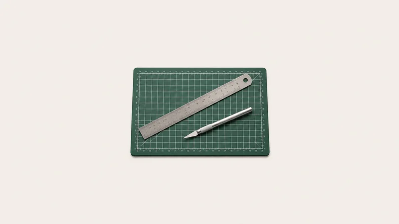 Isolated a cutting mat with a steel rule and craft knife centred on a seamless pale off-white studio background, generous empty margin on every side for overlaid branding