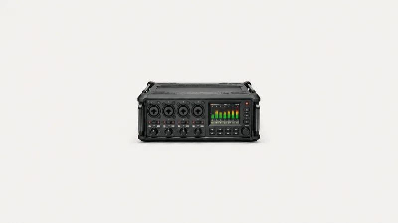Isolated a portable multitrack audio recorder with XLR inputs centred on a seamless pale off-white studio background, generous empty margin on every side for overlaid branding