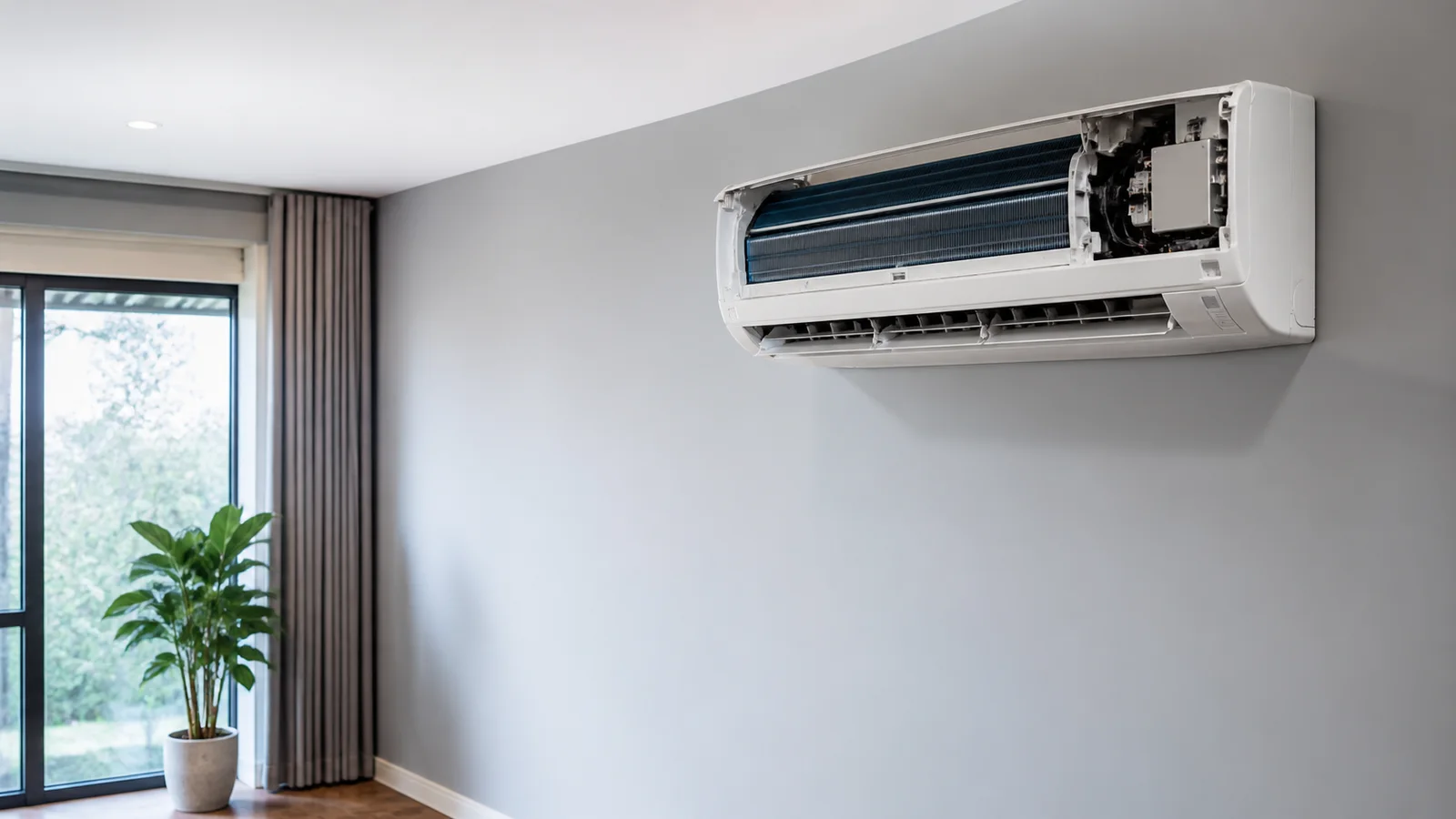 Wide interior view of a room with a wall-mounted air-conditioning unit being serviced with no people, soft even indoor light, clean uncluttered foreground for text