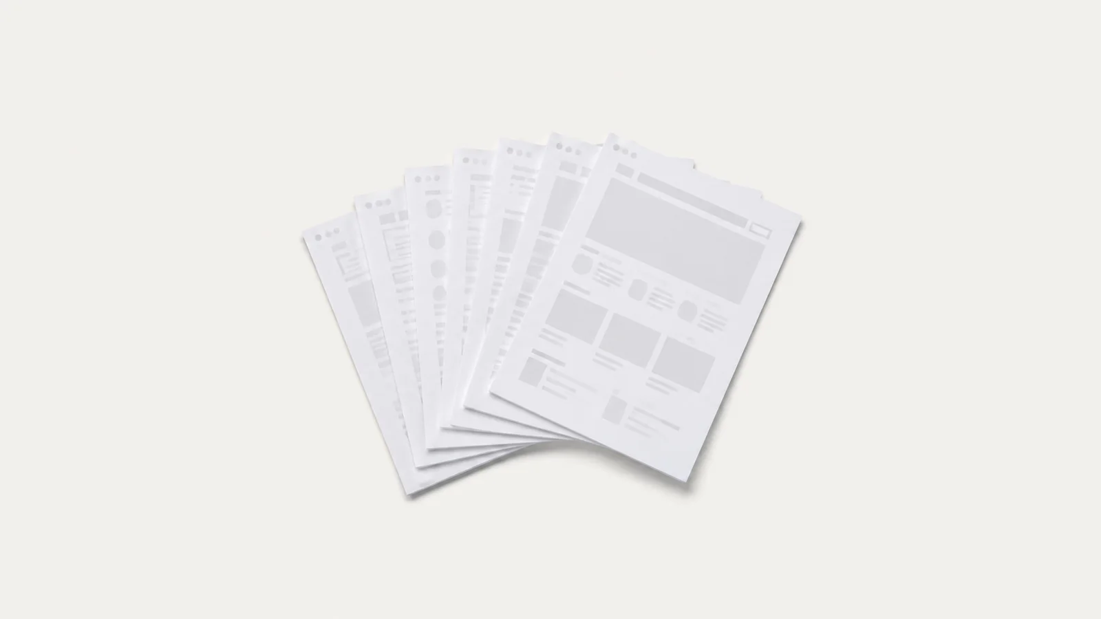 Isolated a fanned stack of screen-size paper templates centred on a seamless pale off-white studio background, generous empty margin on every side for overlaid branding