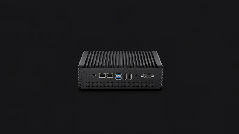 Isolated a fanless edge computer with finned heatsink housing centred on a seamless deep charcoal near-black studio background, generous empty margin on every side for overlaid branding