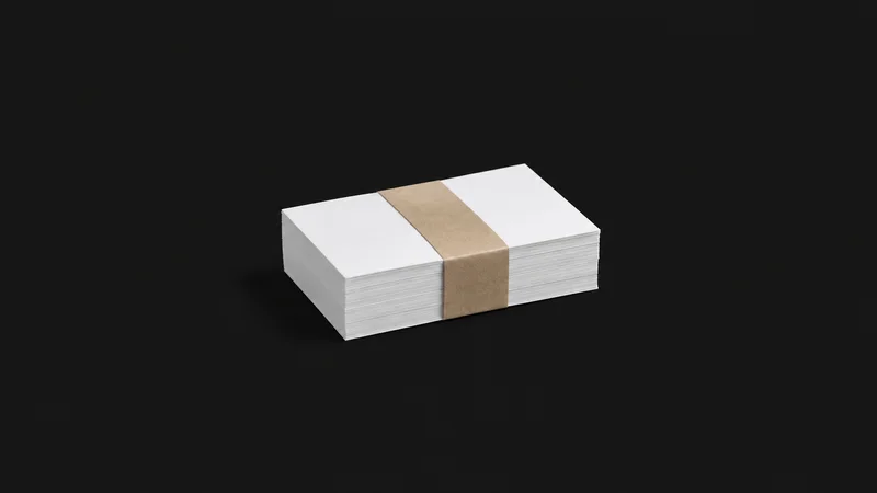 Isolated a stack of blank postcard mailers with a paper band centred on a seamless deep charcoal near-black studio background, generous empty margin on every side for overlaid branding