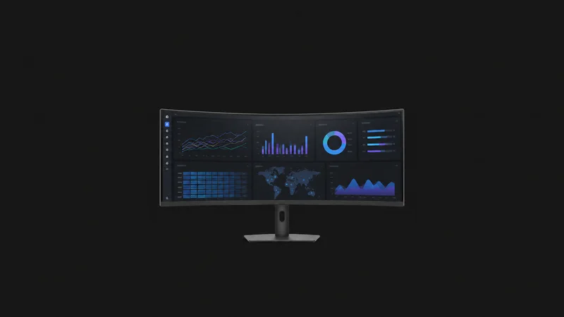 Isolated a curved ultrawide monitor on a stand centred on a seamless deep charcoal near-black studio background, generous empty margin on every side for overlaid branding