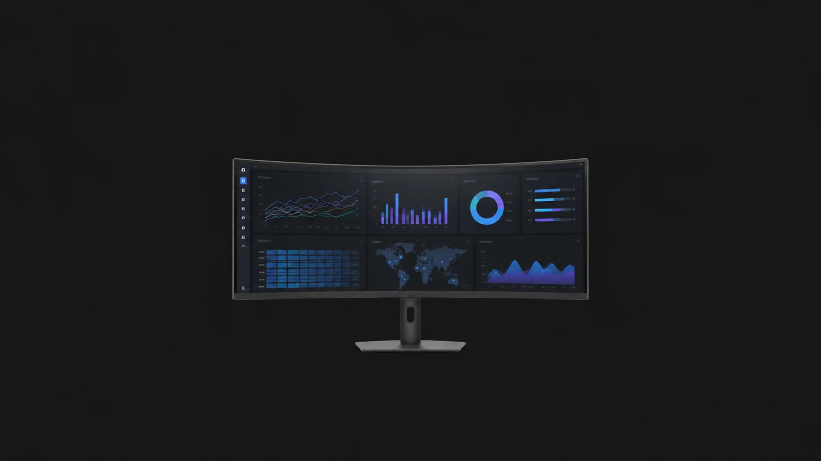 Isolated a curved ultrawide monitor on a stand centred on a seamless deep charcoal near-black studio background, generous empty margin on every side for overlaid branding
