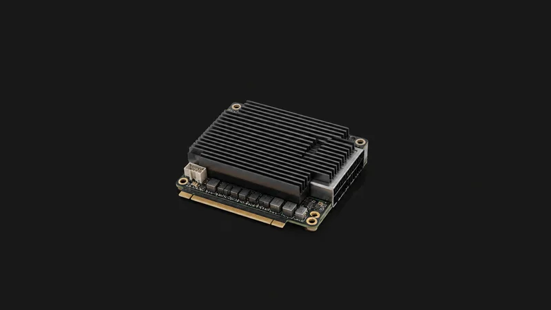 Isolated a palm-sized inference accelerator module centred on a seamless deep charcoal near-black studio background, generous empty margin on every side for overlaid branding
