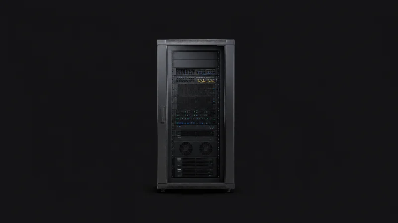 Isolated a glass-doored edge micro-data-centre cabinet centred on a seamless deep charcoal near-black studio background, generous empty margin on every side for overlaid branding