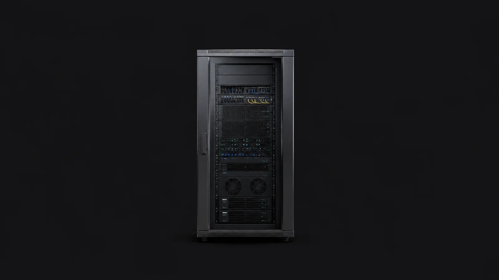 Isolated a glass-doored edge micro-data-centre cabinet centred on a seamless deep charcoal near-black studio background, generous empty margin on every side for overlaid branding