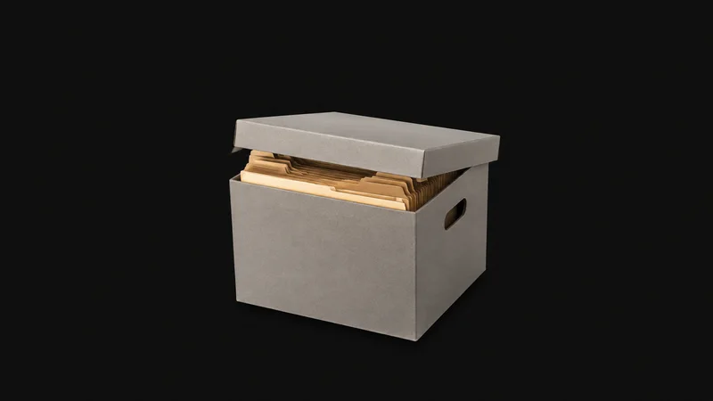 Isolated an archive box of unlabelled document folders with the lid ajar centred on a seamless deep charcoal near-black studio background, generous empty margin on every side for overlaid branding
