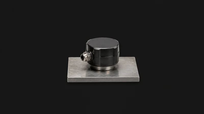 Isolated a magnetic vibration sensor puck on a bare steel plate centred on a seamless deep charcoal near-black studio background, generous empty margin on every side for overlaid branding