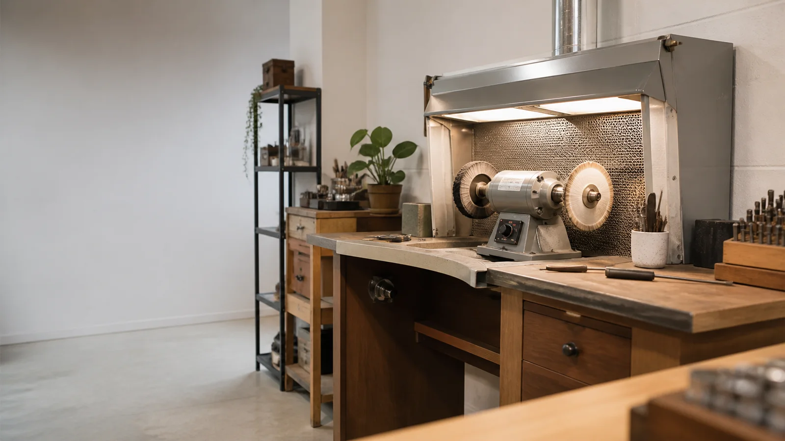 Wide interior view of a polishing area with a buffing motor with no people, soft even indoor light, clean uncluttered foreground for text